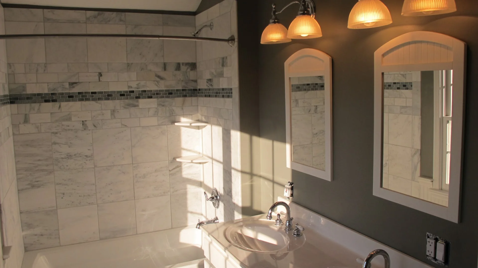 Bathroom vanity in warm afternoon light